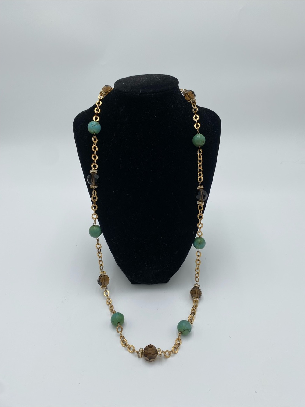 Vintage Textured Gold Tone Chain Necklace With Turquoise and Brown Faceted Beads